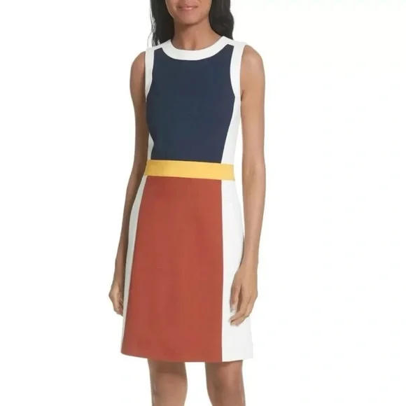 TORY BURCH Mya Navy Copper Colorblock Stretch Ponte Knit Sheath Dress XS = 0/2 - Picture 5 of 14